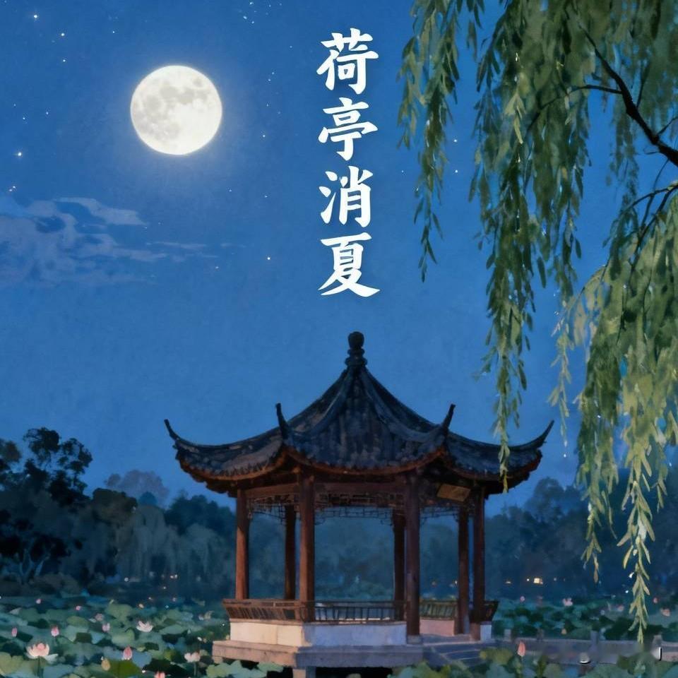 《菏亭消夏》
荷池风送蛙声脆，
古柳柔丝晚旭微。
静坐亭前消暑气，
一池月色伴人