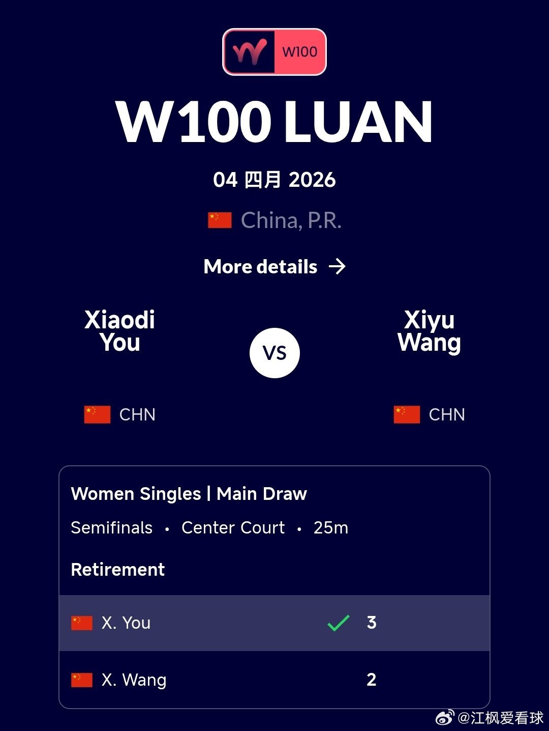 W100六安站🇨🇳女单半决赛王曦雨🇨🇳首盘2-3尤晓迪🇨🇳时因伤退赛