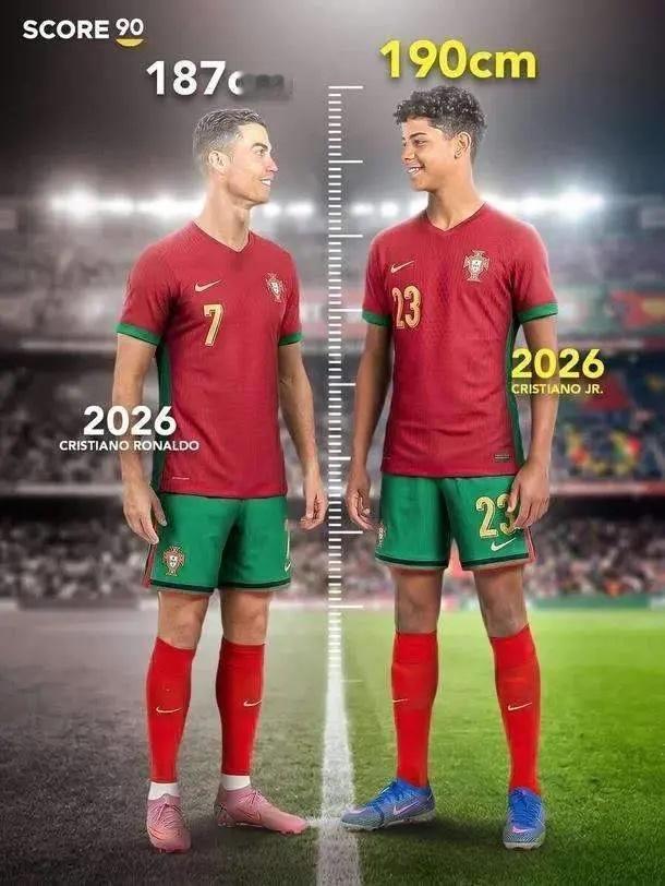 C罗：儿子，你这身高又窜了一截，现在比我高一头了，站在我旁边像个小巨人。

儿子