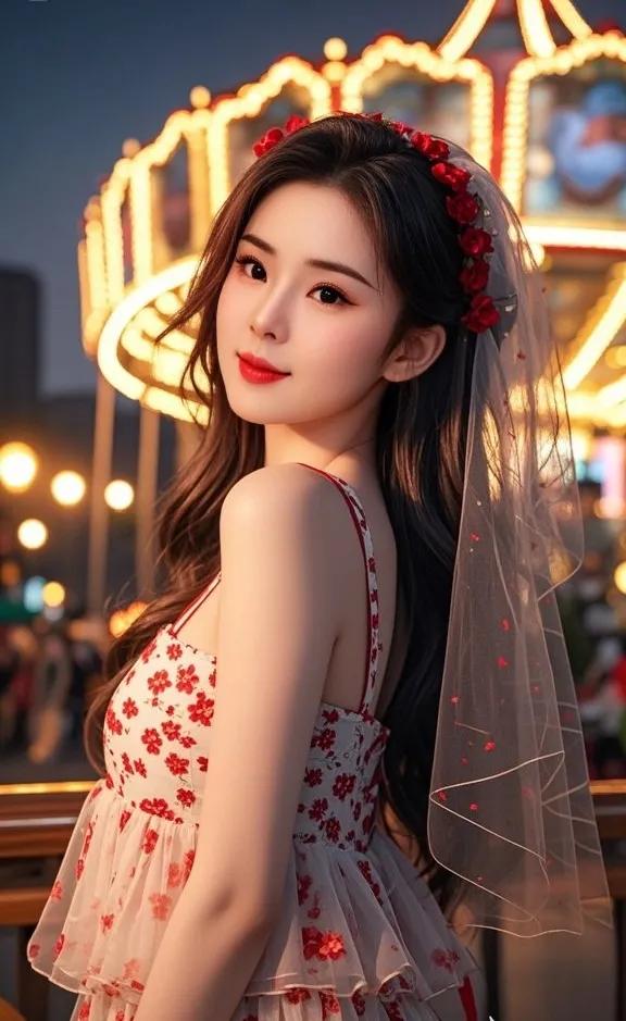梦幻旋转木马下的甜美少女🌟✨