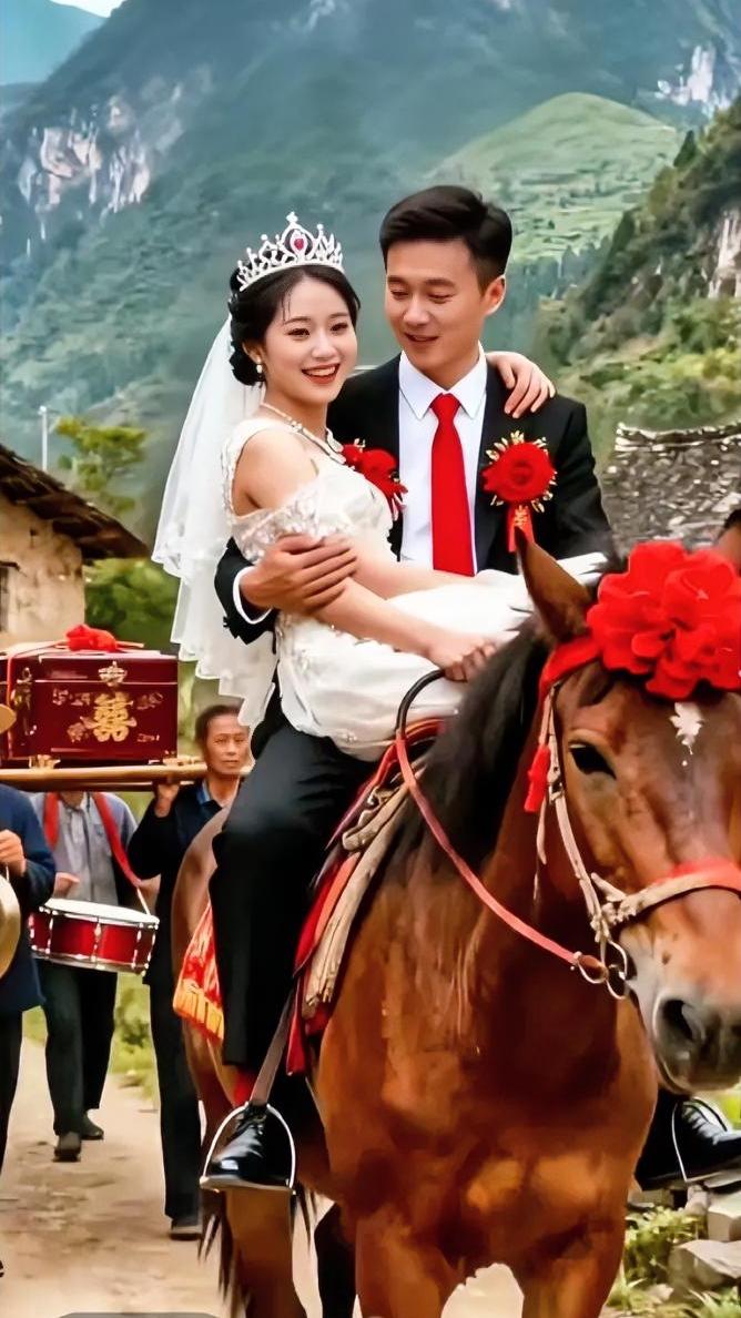 谁能想到一个人也能拍出这样浪漫的婚礼画面。山间小路，红绸骏马，热闹的迎亲队伍，仿