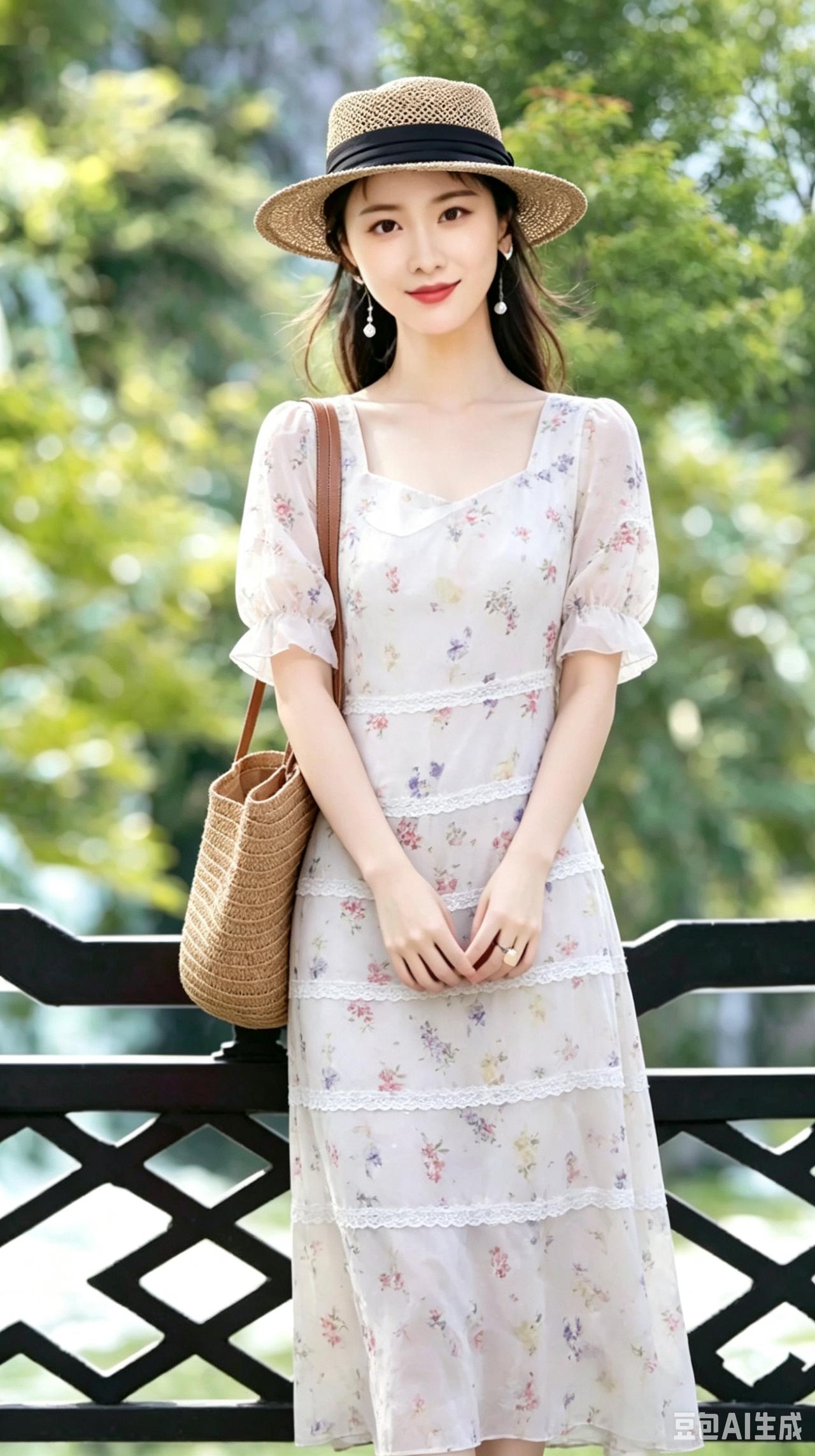 穿花裙子的女孩站在公园里。