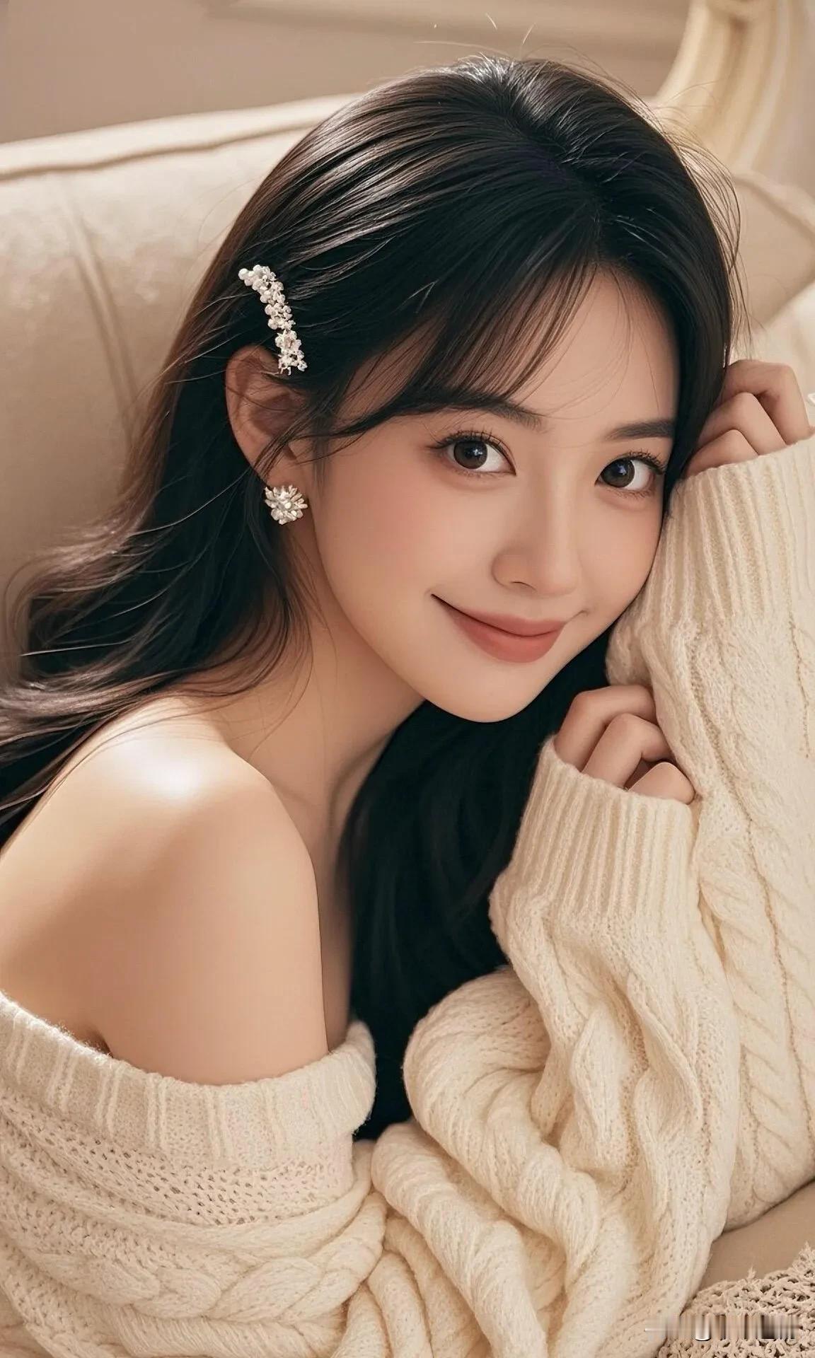 如何成为一个时尚的女孩?
米白麻花露肩毛衣衬着柔调法式沙发，钻饰发夹点缀揉出软糯