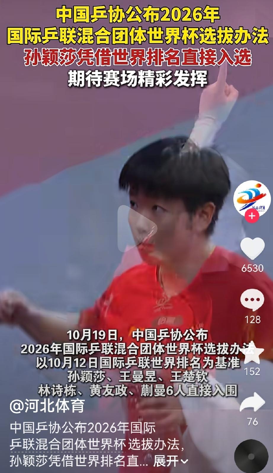 备受瞩目的成都混团世界杯
10月19日，国乒男女各确定三人
男队：王楚钦、林诗栋