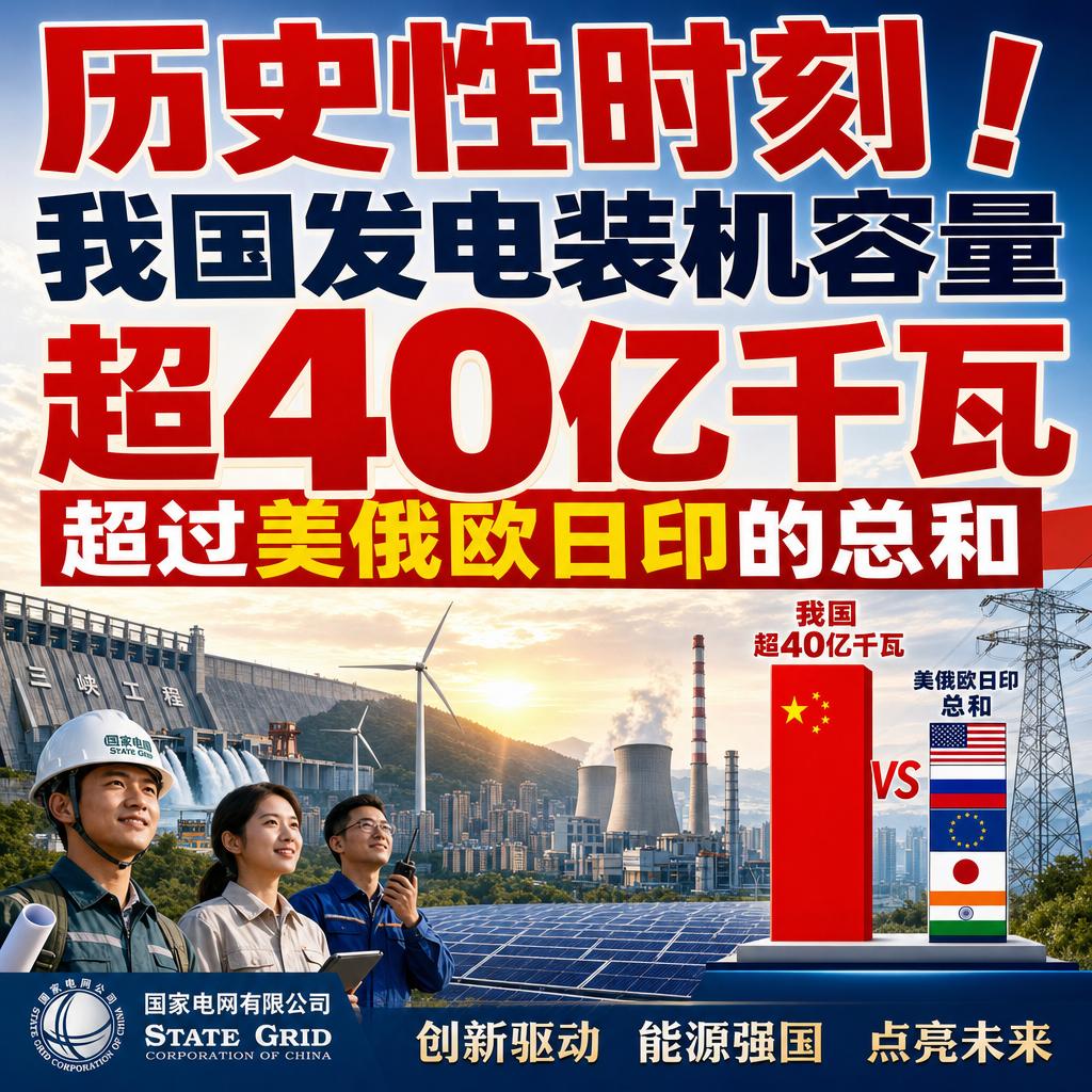 突发！我国发电装机容量正式突破40亿千瓦，一个国家干翻了美欧印日俄五大经济体的总