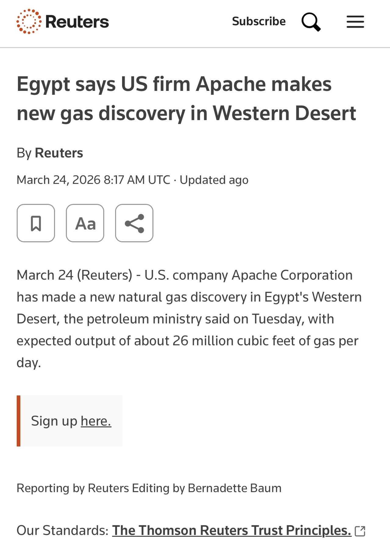 埃及石油部表示，美国阿帕奇公司Apache在埃及西部沙漠发现了一处新的天然气田，