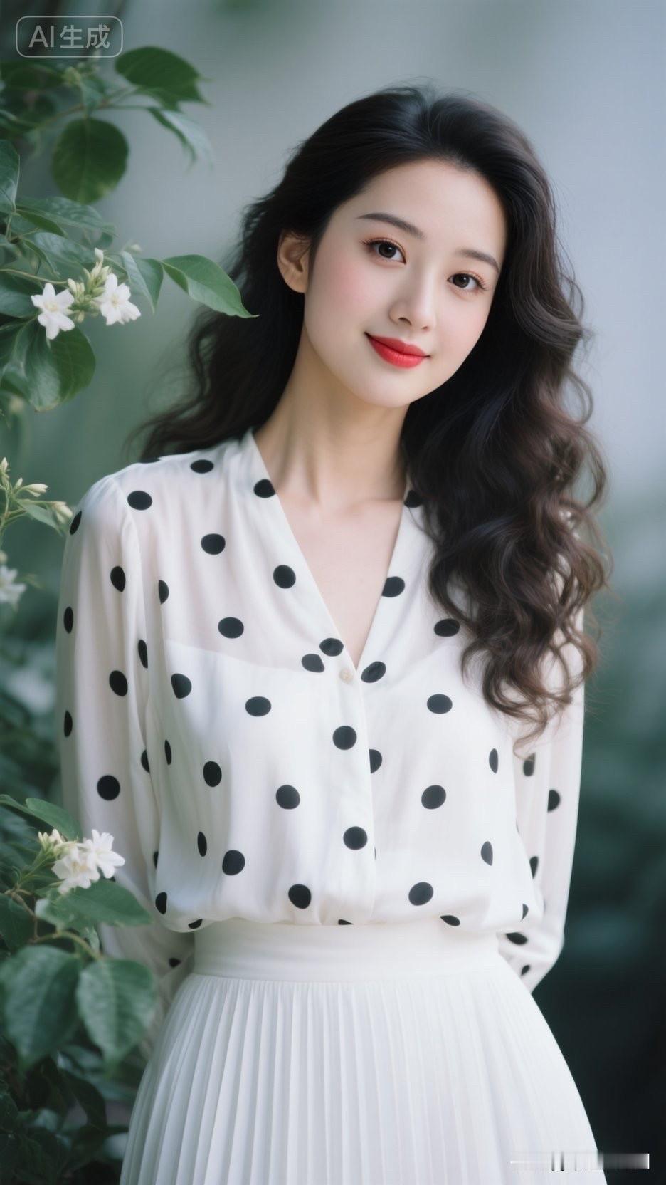 优雅黑点白裙，自然绿意相伴，清新自然美！🌸💃