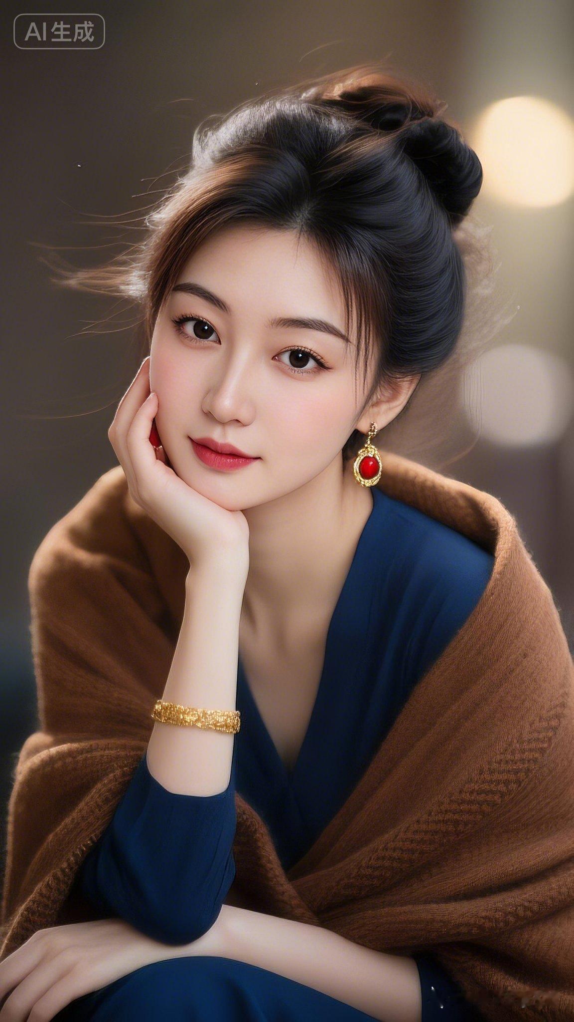 女子侧坐，精心盘起的头发尽显端庄，露肩上衣搭深色披肩，右手托腮低头思索，沉浸在自