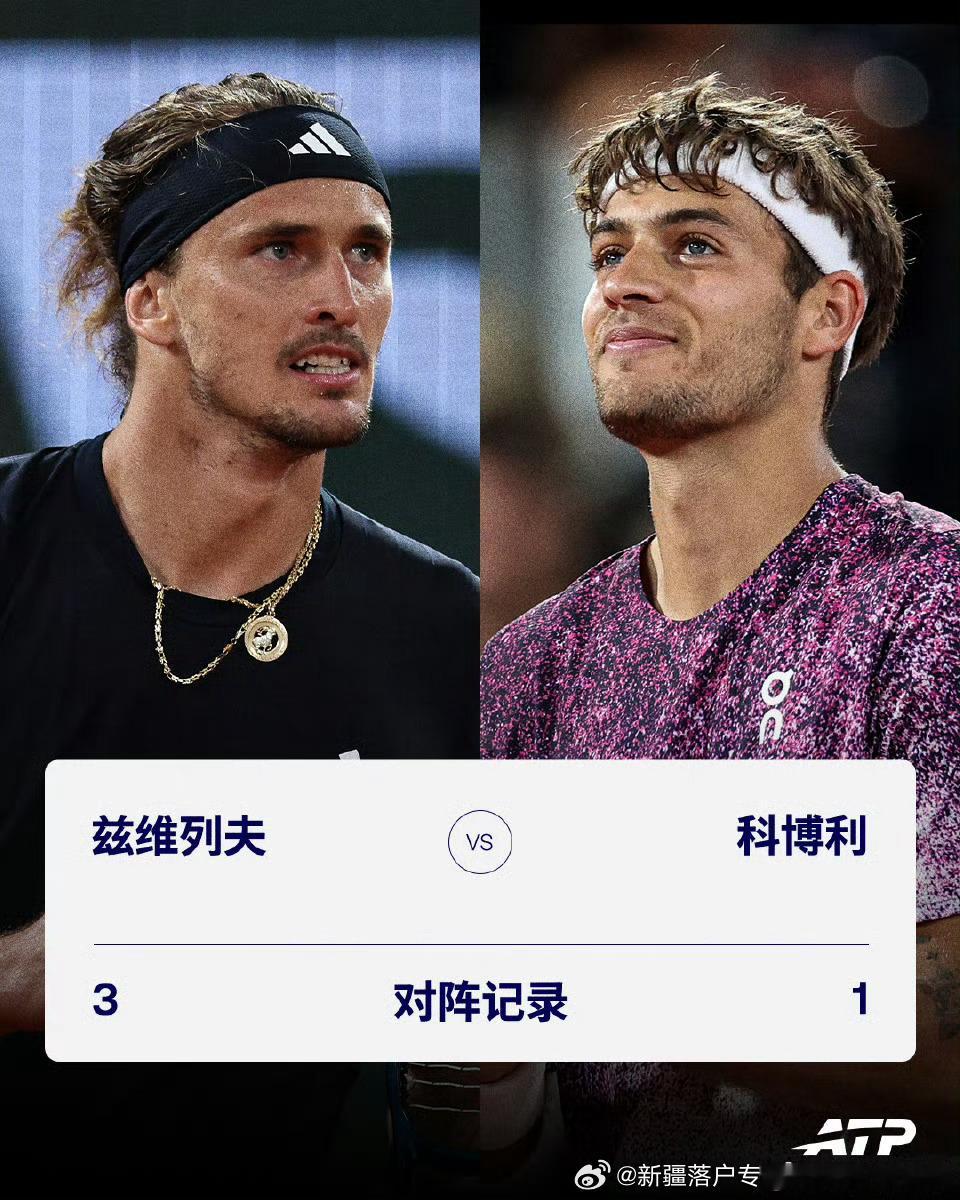 🇩🇪兹维列夫 ⚔️ 科博利🇮🇹🔥总交手记录：3-13️⃣-1️⃣大满贯