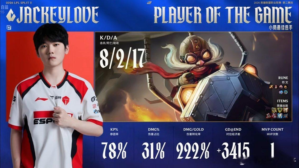 JackeyLove飞机超神 JackeyLove回到赛场的第一个MVP来啦！超