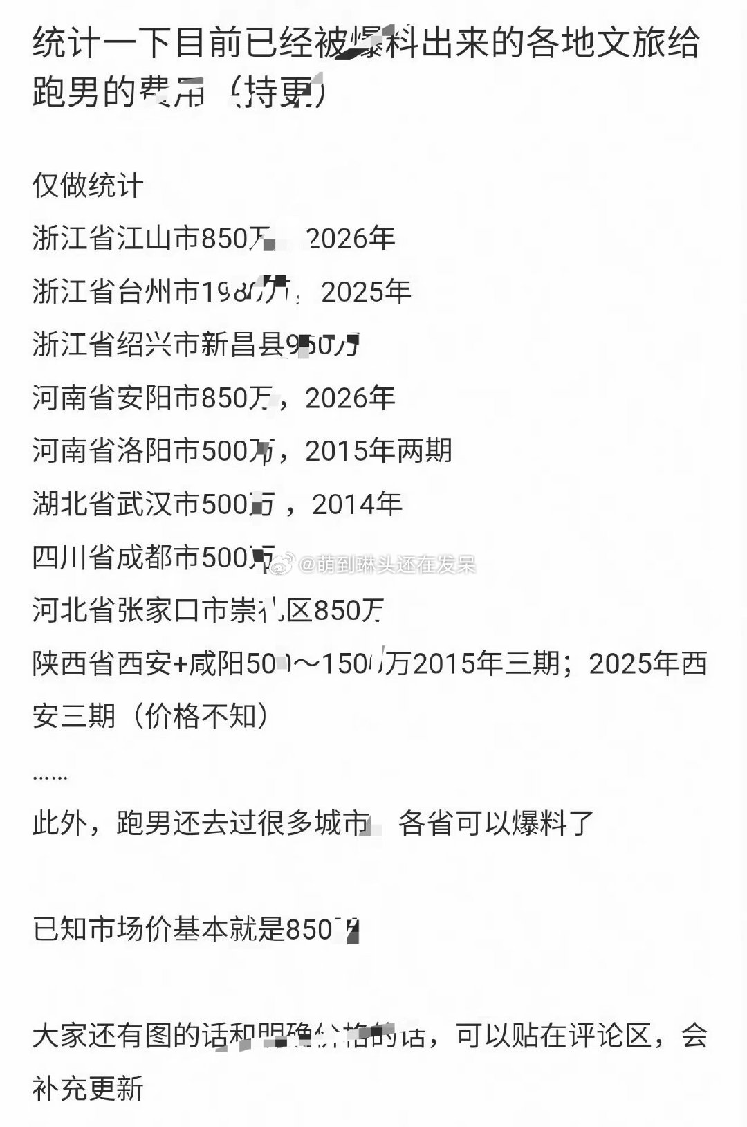 各地文旅给跑男的费用最早是14年，台州最大方给的最多 
