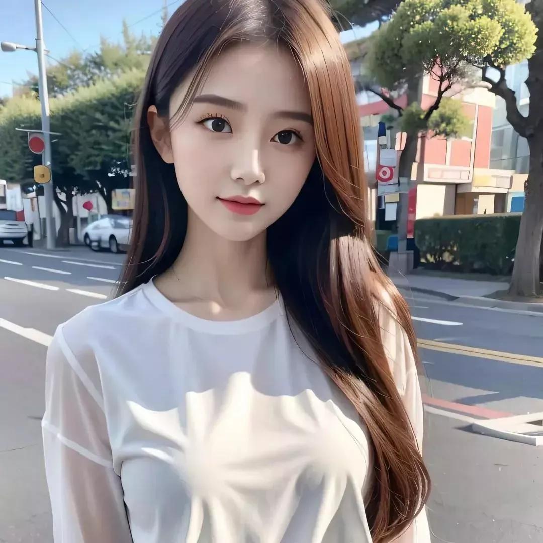 夏日清新少女，在街头微笑，阳光洒满整个画面。自然清新美少女 少女感笑容 自然甜系