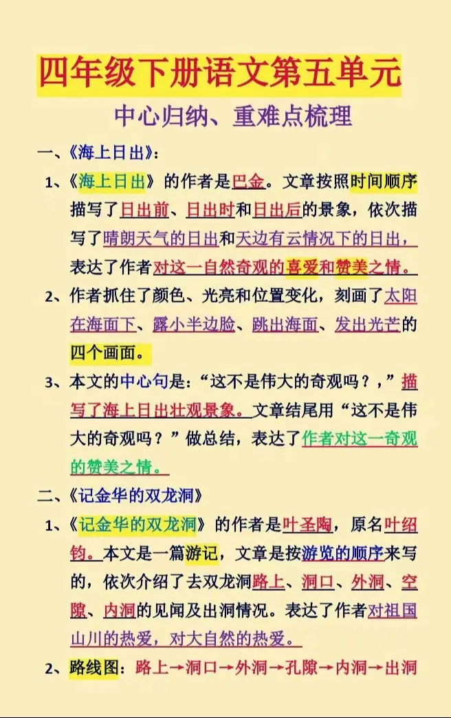 下册语文第五单元中心思想，重难点归纳