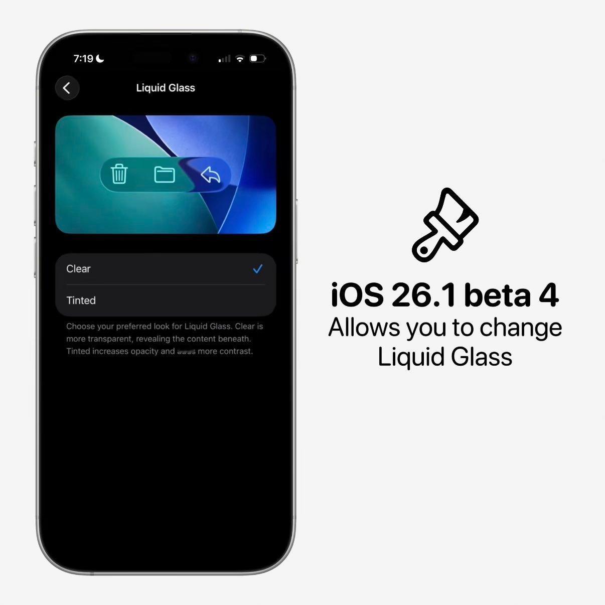 iOS 26.1 beta 4 可以在「透明」和「有色」两种液态玻璃效果间切换了