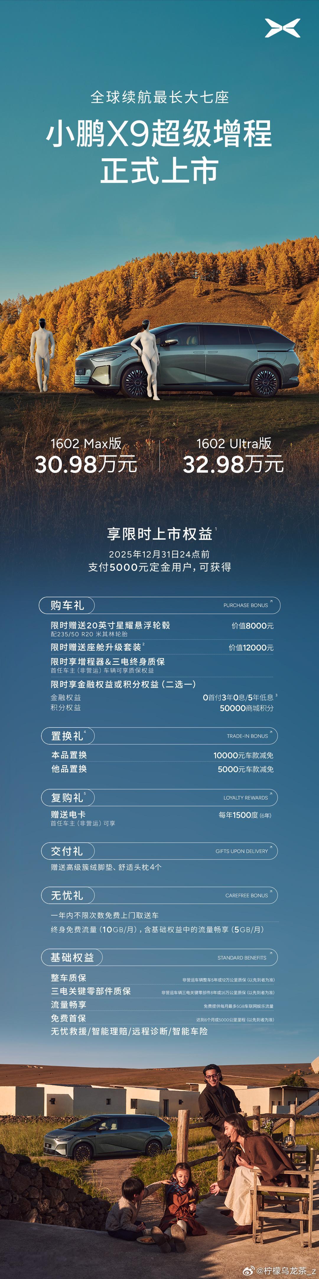 小鹏X9超级增程1602Max版上市价为30.98万元，1602Ultra版为3