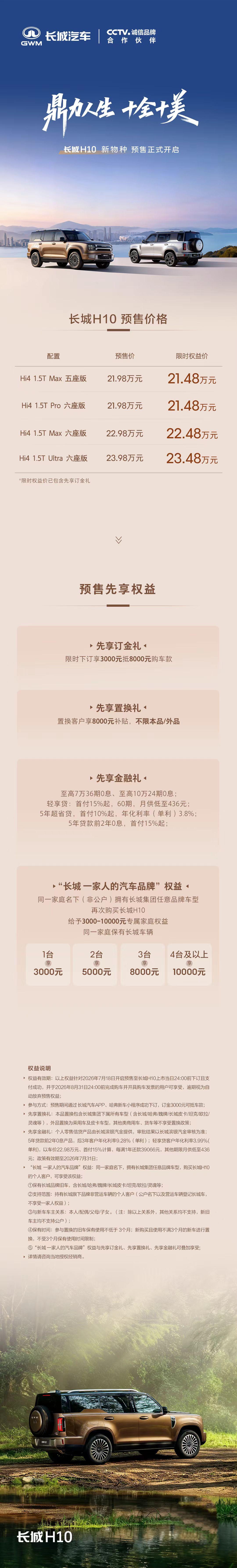 车盟快讯：今晚，长城H10正式开启预售，限时权益价21.48万-23.48万元，