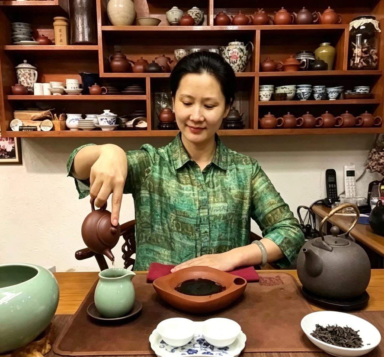 何赛飞在家泡茶的这照片真绝了！满墙紫砂壶，满屋子茶香，看着就让人觉得心里踏实。褪