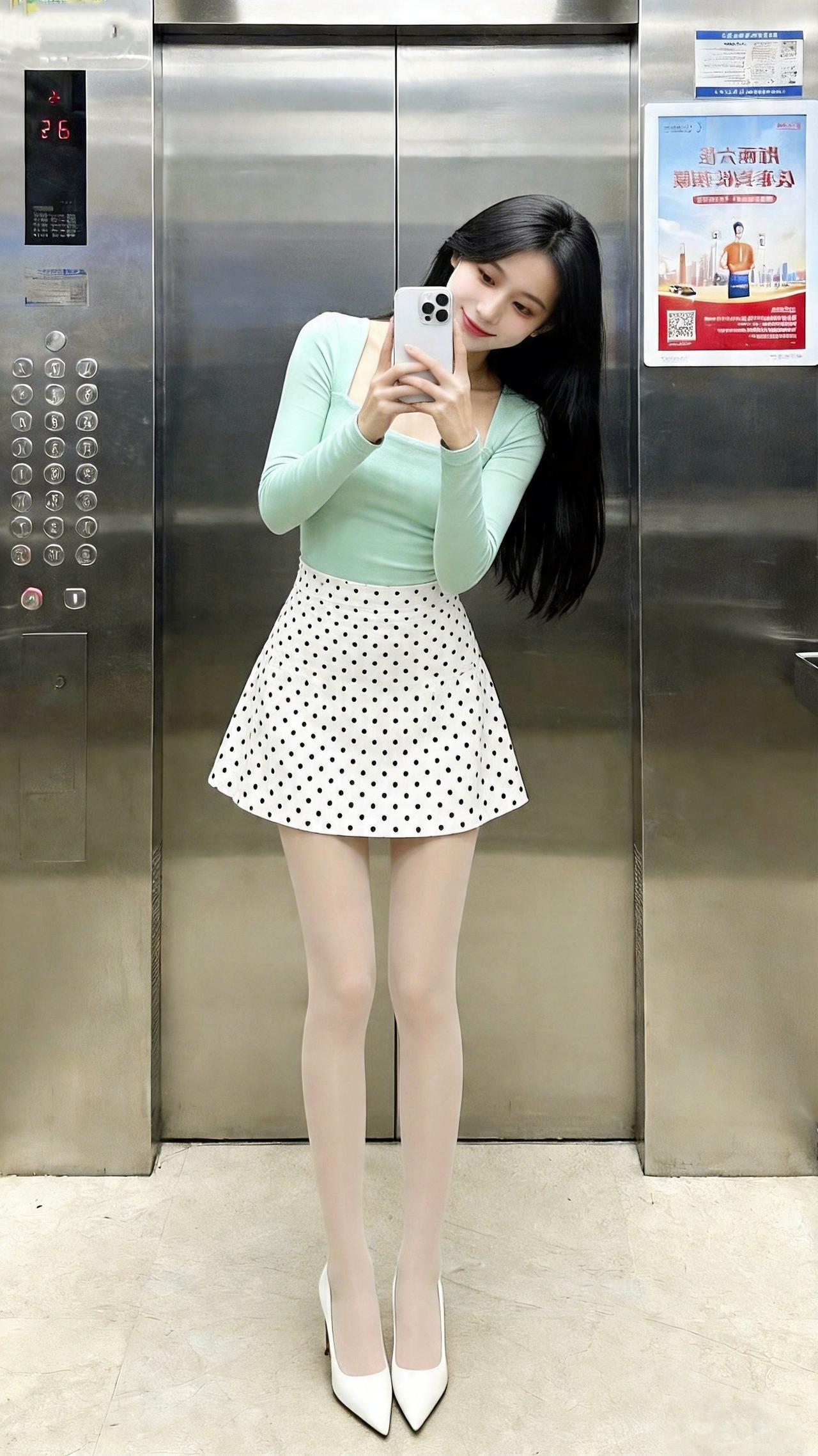 周五的心情就是如此美丽！薄荷绿方领衫裹着清爽甜，波点短裙一摆又添了轻熟精致～白尖