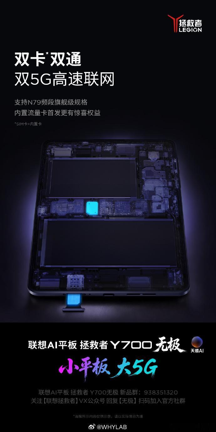 拯救者 Y700 无极支持 5G 双卡双通，N79 频段，一张可插拔 SIM 实