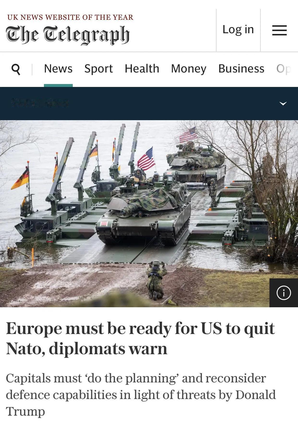 一些北约国家外交官告诉《每日电讯报》，北约欧洲成员国必须为美国退出该联盟的情况做