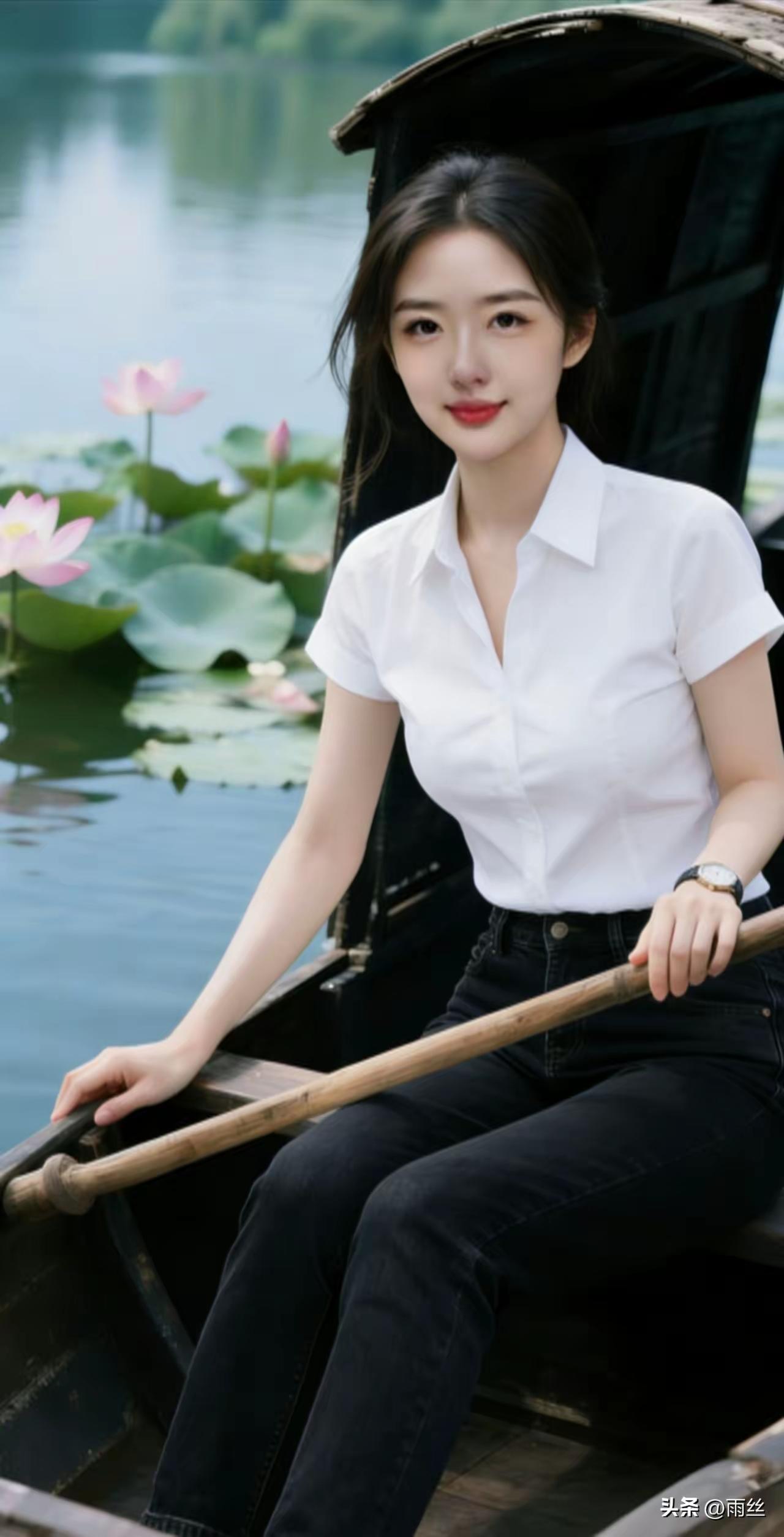 塞鸿秋·荷舟闲棹
晴湖叠翠荷风绕，
轻舟破影波光摇。
素衣裁雪临风俏，
云鬟映水