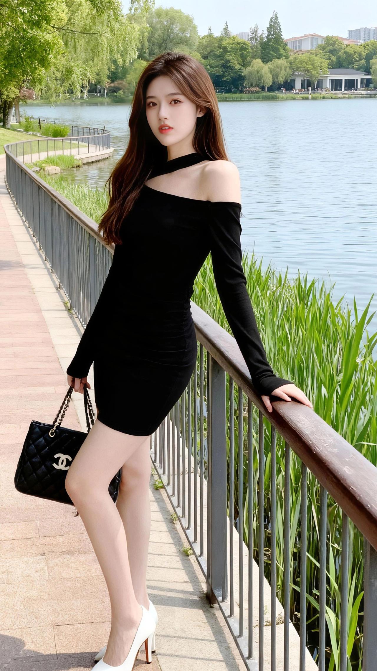 湖岸的风裹着夏意，将柳丝揉成软的帘。她走在水色与绿意的褶皱里，黑裙是裁了一捧暮色