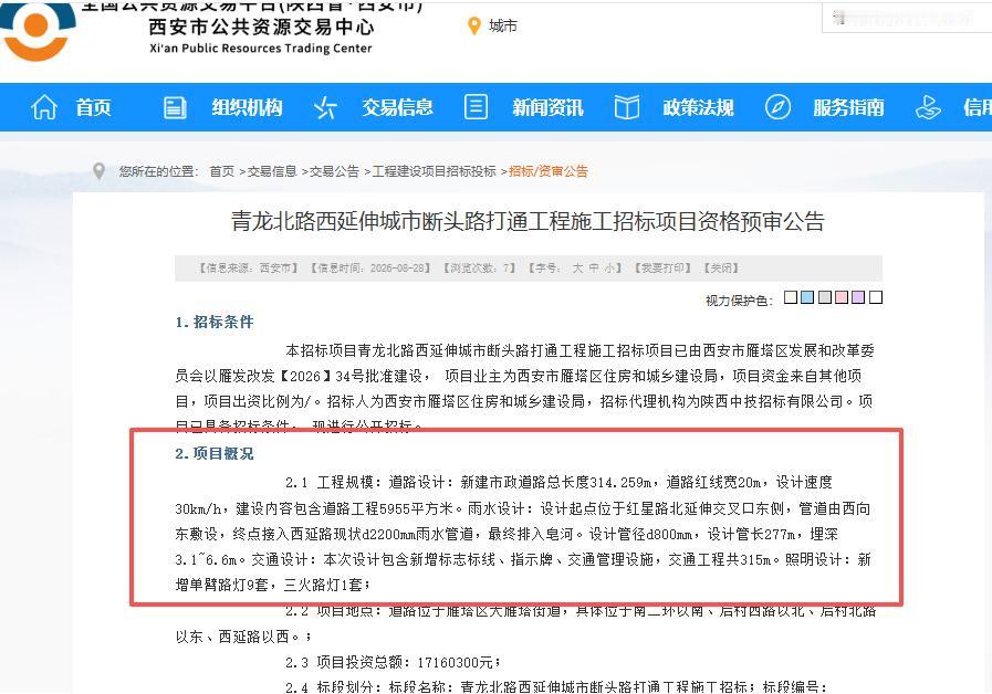投资1716.03万元！西安这个断头路打通工程项目启动招标...

8月28日，
