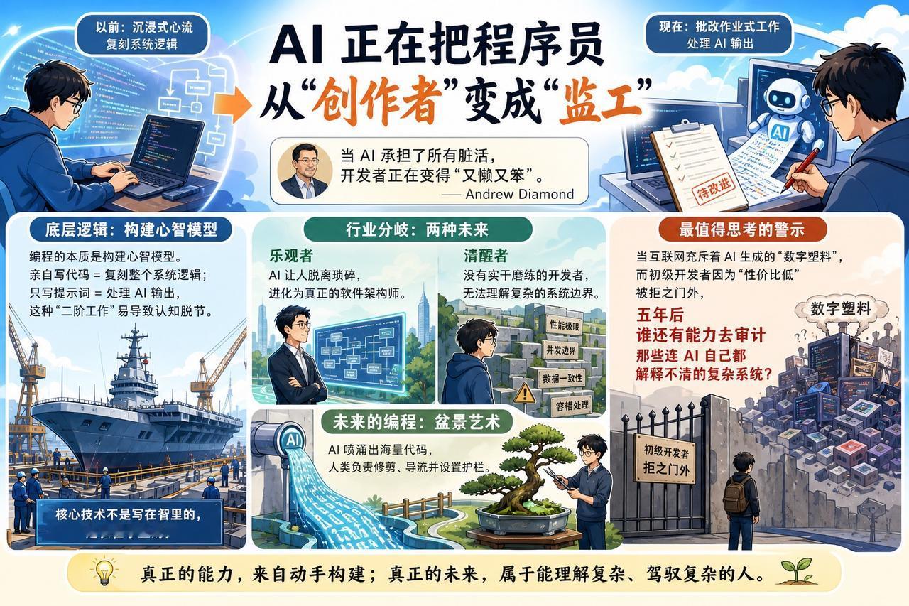 【代码正在变成“数字塑料”，而我们正失去“造船”的能力】

AI 正在把程序员从