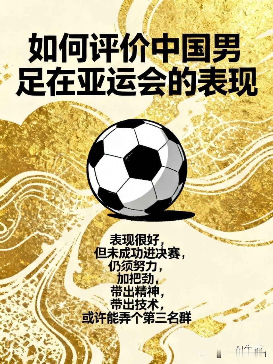 如何评价中国男足在亚运会的表现表现很好，但未成功进决赛，仍须努力，加把劲，带出精