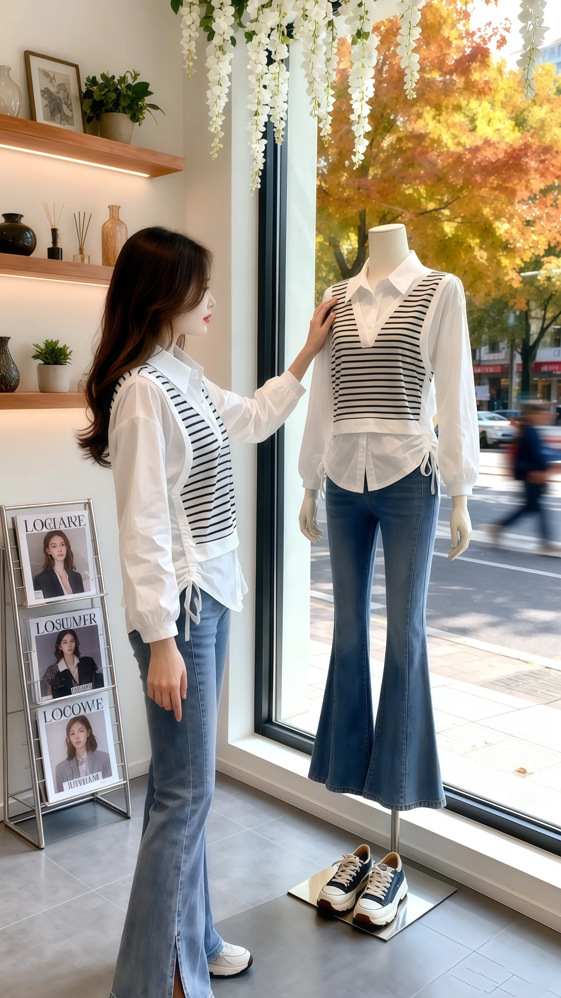 她穿着假两件条纹长袖衬衫，在秋日的温柔里，将轻奢与随性糅合得恰到好处。...