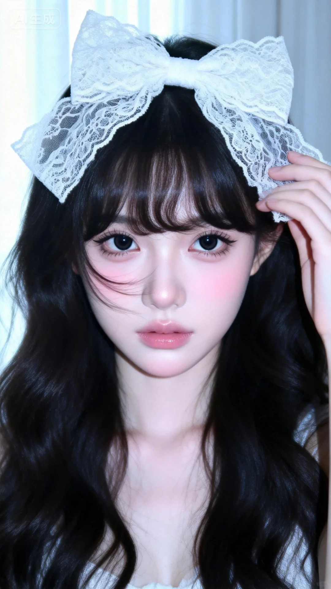 少女感网拍，头上戴着超大号蕾丝蝴蝶结，头发披散下来，一只手轻轻扶着蝴蝶结边缘，眼