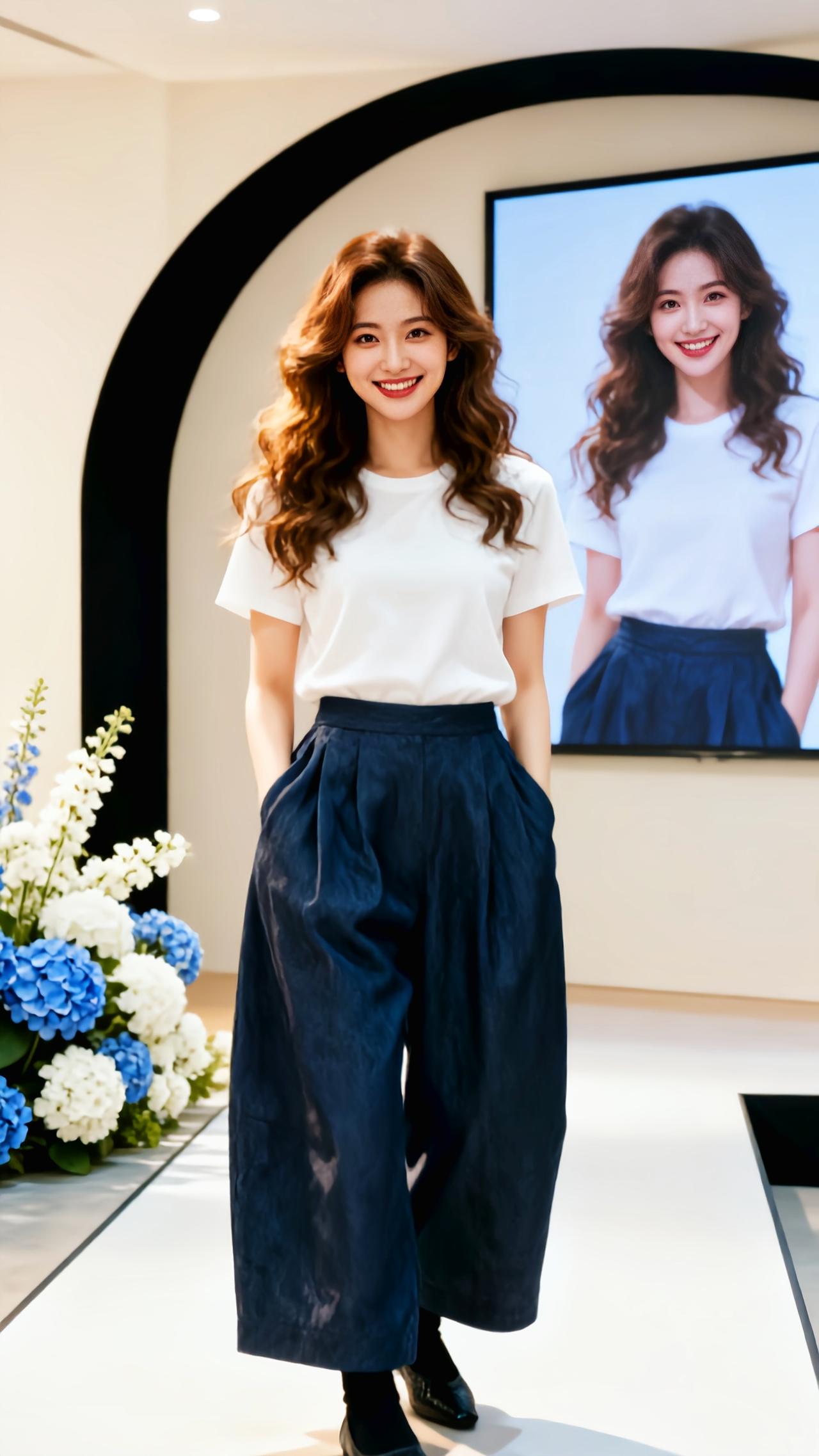 直筒显瘦秀场同款长裤 纯棉酵洗白阔腿裤 打褶宽腿裤 翻边阔腿靛蓝裤 阔腿造型