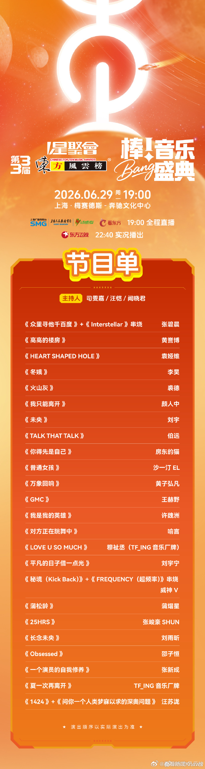 【#第33届东方风云榜节目单#】6月29日，东方风云榜在上海梅赛德斯奔驰文化中心