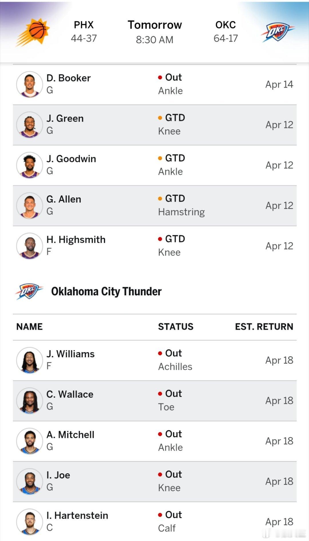 明天上午8:30，在咪咕视频、移动高清直播太阳vs雷霆。雷霆队已经锁定了常规赛冠