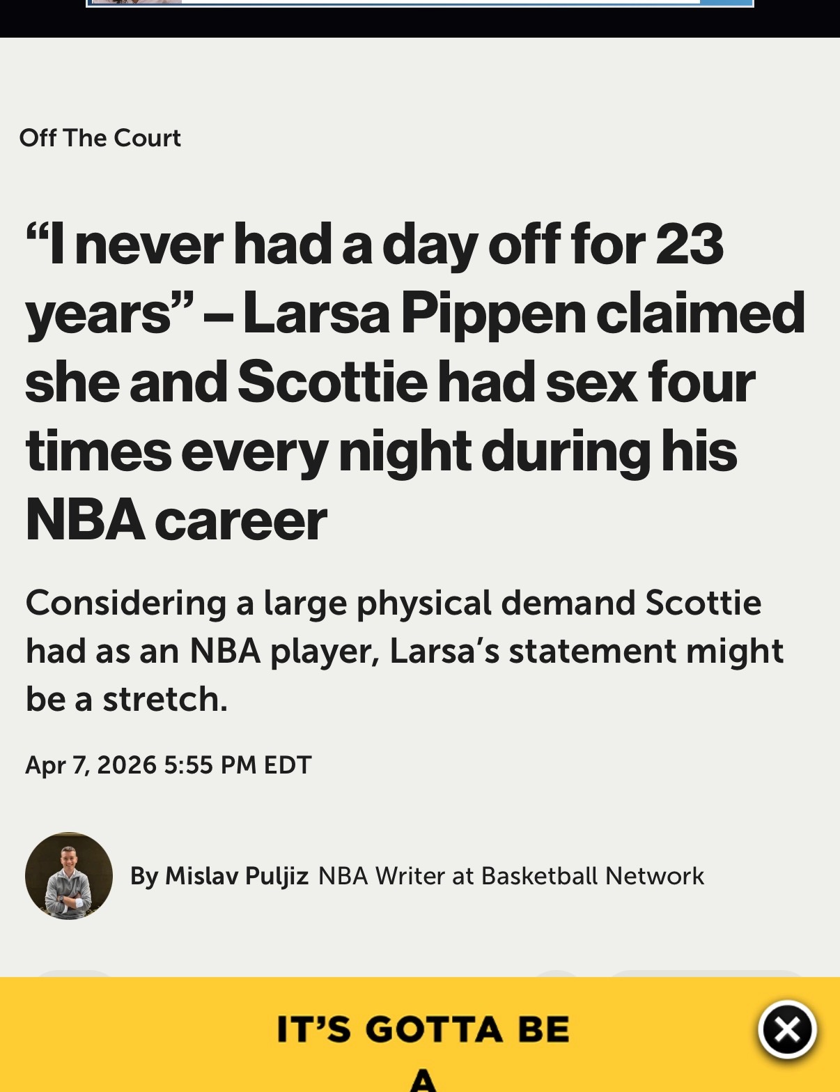 皮蓬前妻说，和皮蓬结婚的23年，每天都整，每天最多四次。 