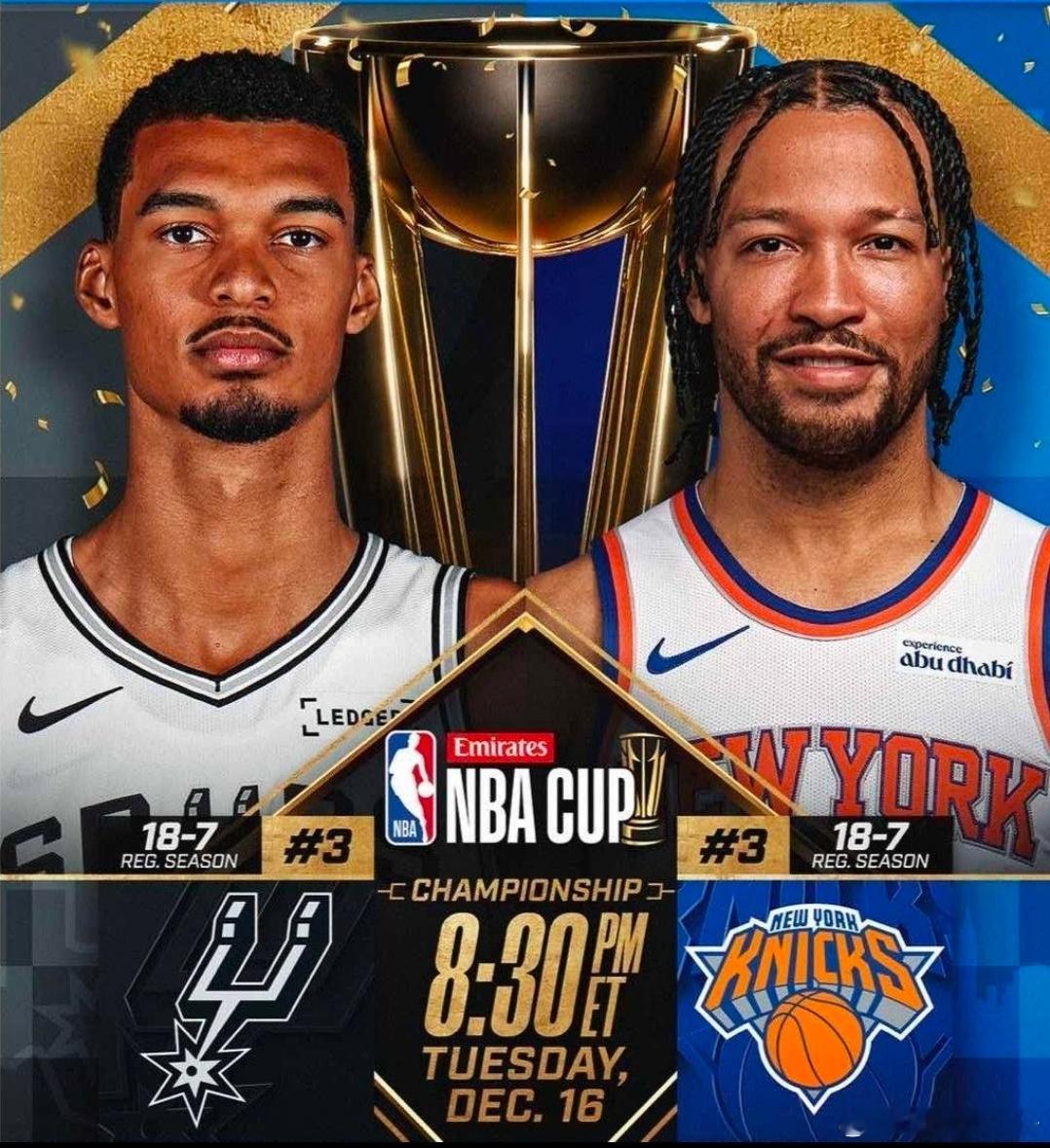 NBA杯决赛对阵出炉：尼克斯PK马刺今日，NBA杯两场半决赛全部结束。东部这边，