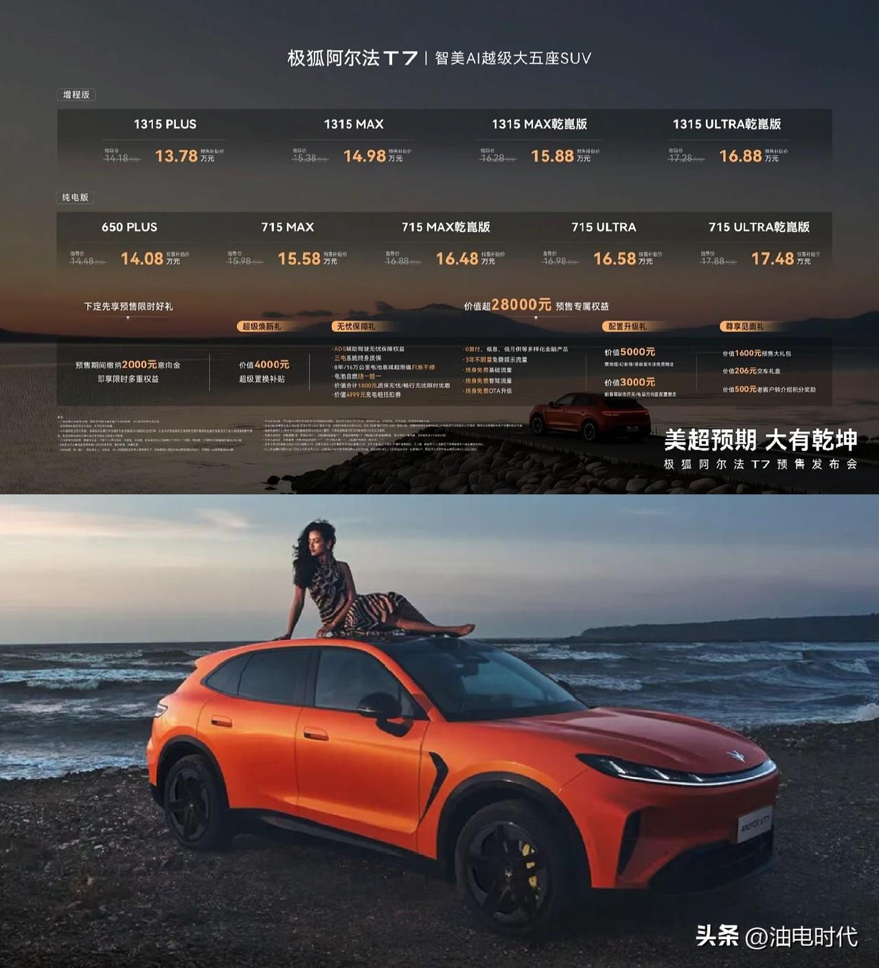 极狐阿尔法T7预售
增程版:13.78-16.88万元
纯电版:14.08-17