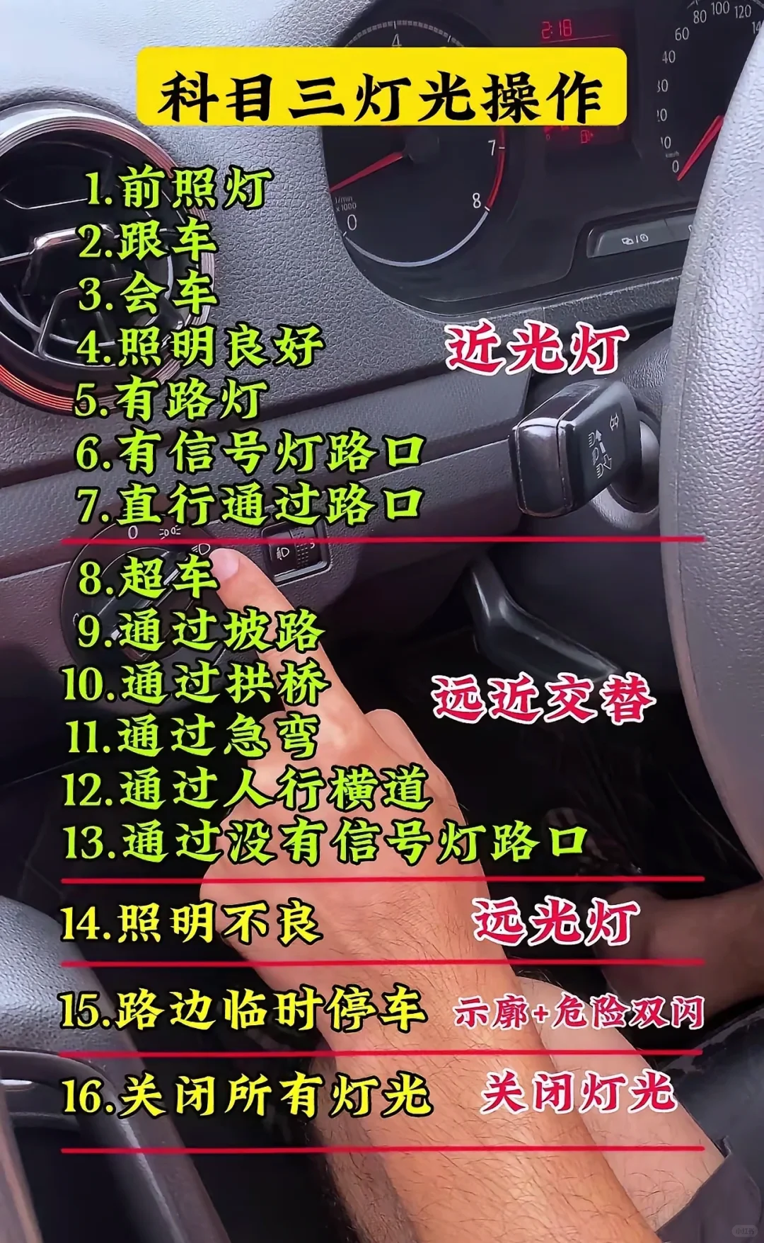 科目三灯光操作 1.前照灯 2.跟车 0 210 3.s 会车 4照明...