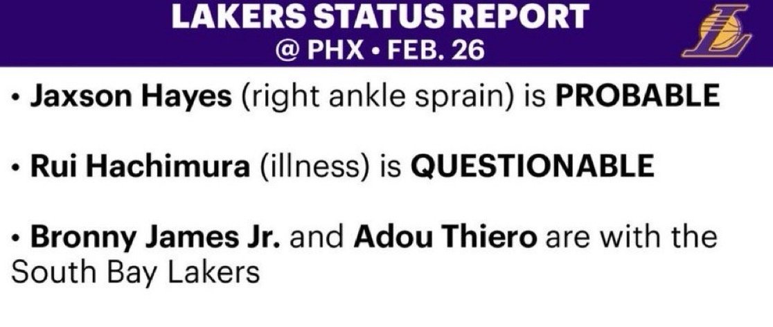 对阵太阳伤病名单：海斯（右脚踝扭伤）大概率出战八村垒（生病）出战成疑 