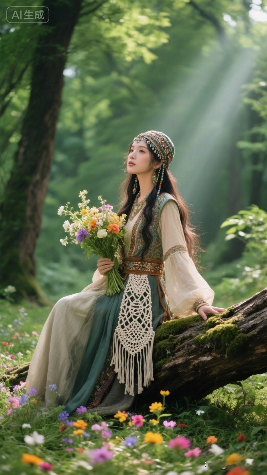 一位仙女在森林里拿着花束。