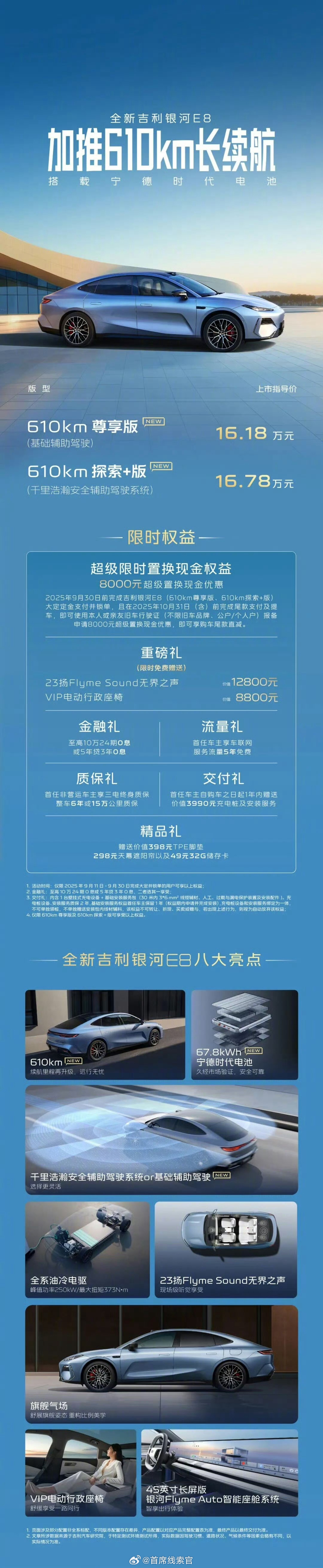 全新吉利银河 E8 加推 610km 长续航，搭载宁德时代电池。-610km 尊