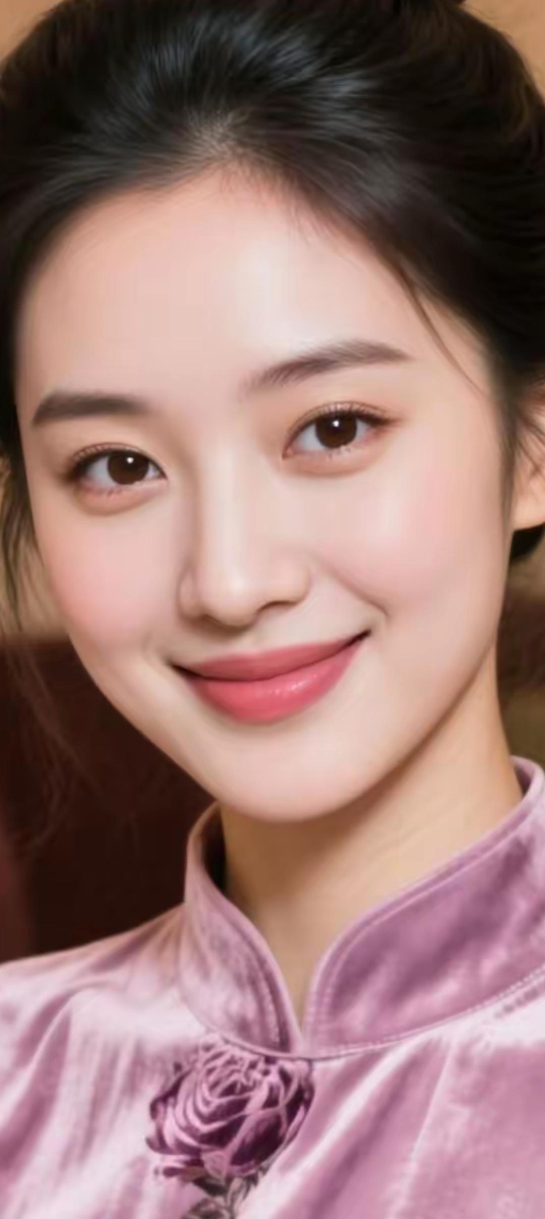 温柔甜美的微笑，粉色丝绒衬衫，绽放如玫瑰般的光彩。