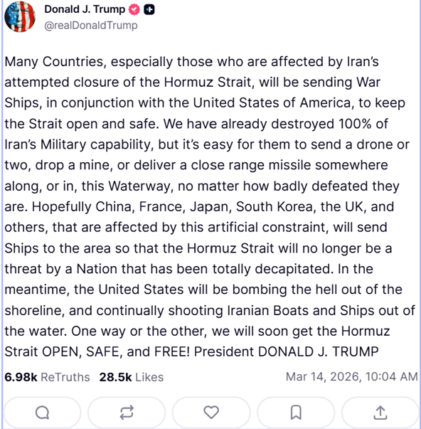 美国总统特朗普3月14日发出号召：许多国家，特别是那些受到伊朗试图封锁霍尔木兹海