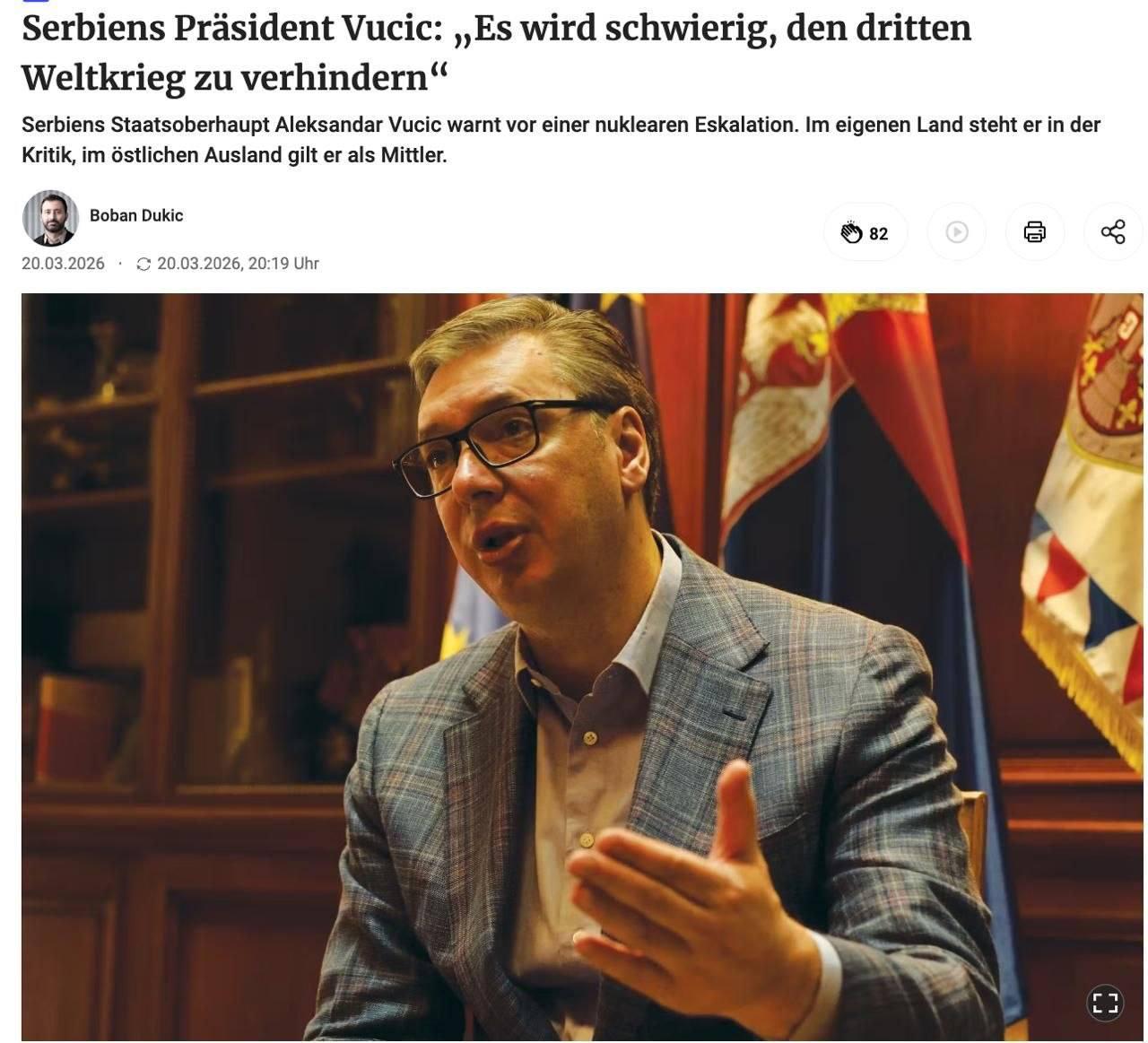 武契奇：第三次世界大战已很难阻止其爆发

塞尔维亚总统亚历山大·武契奇在接受《柏