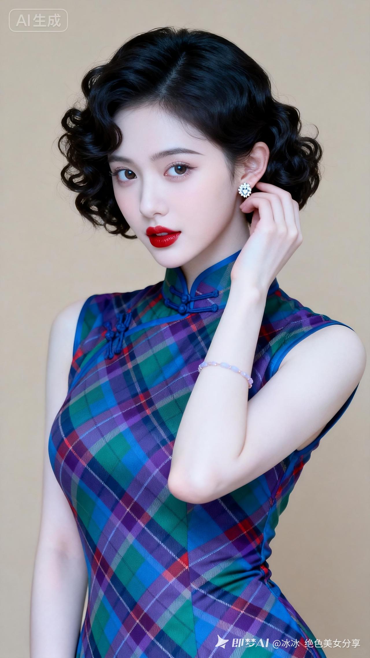 乌黑短卷发少女身着撞色格纹立领旗袍，抬手轻触钻石耳钉，冷艳红唇，冷白陶瓷肌肤，莫