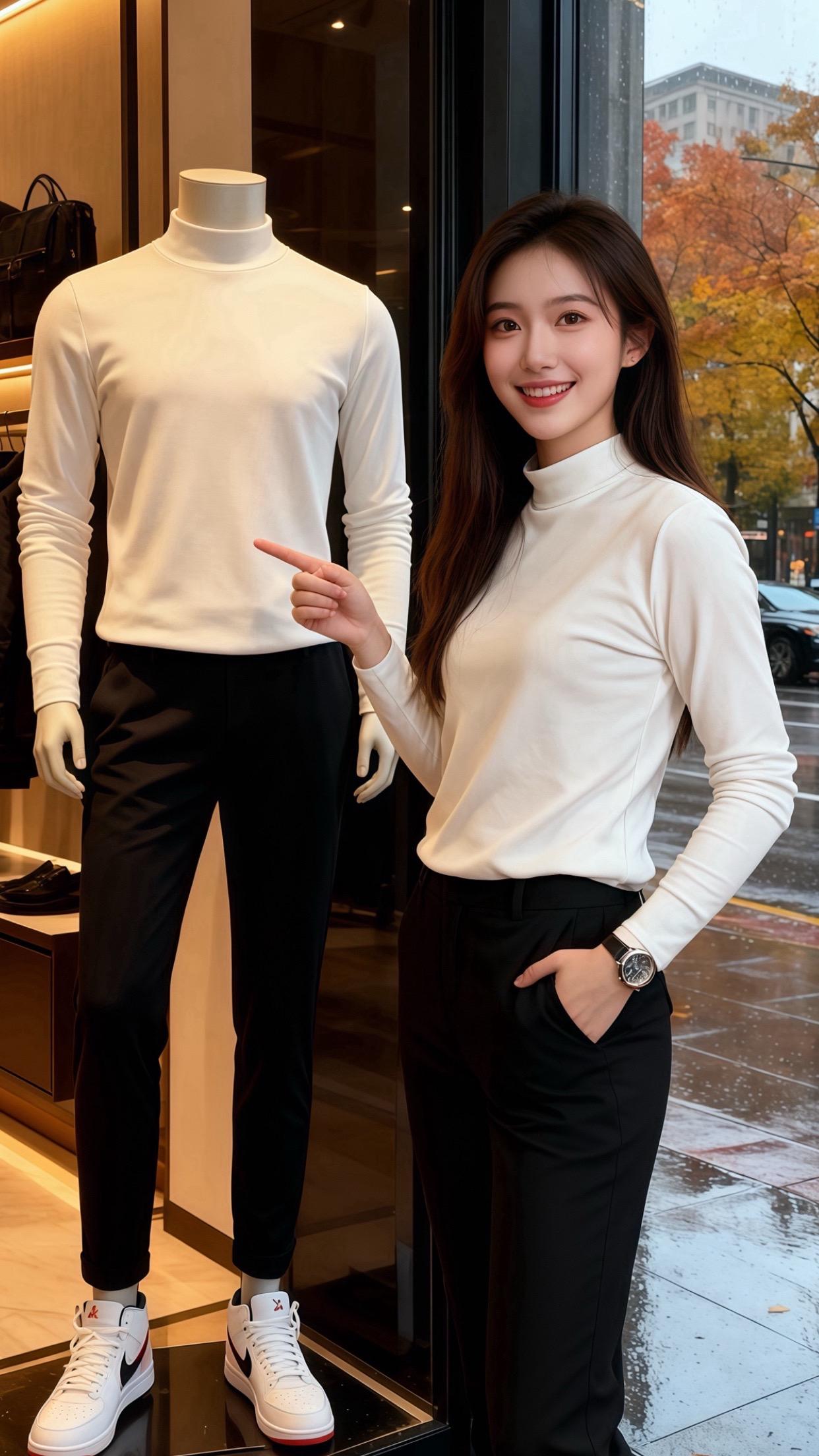 白衫与秋雨  雨丝裹着桂香黏在橱窗上，许妍倚着衣架等皓明，身上是刚随手...