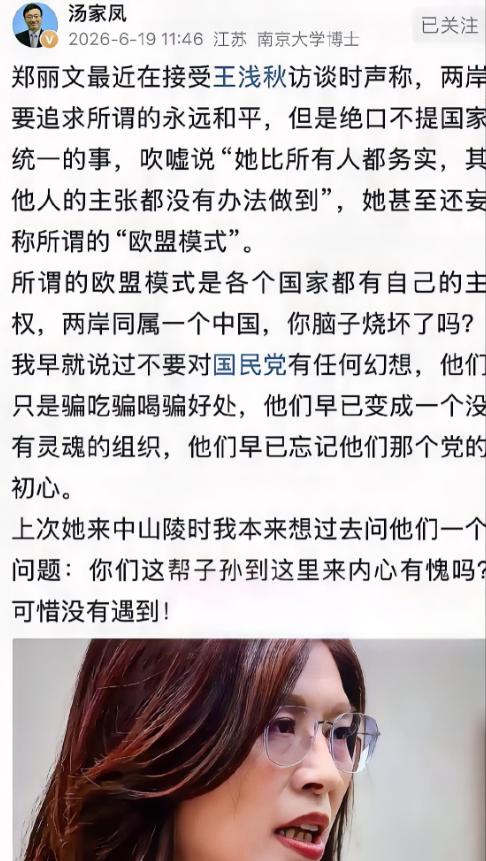 汤家凤骂郑丽文，骂得一点毛病没有。你跑去中山陵装模作样鞠个躬，转头就大谈“永久和