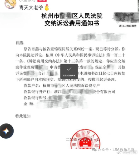 童漾妈起诉童锦程童漾妈让童锦程做亲子鉴定  童漾妈晒缴纳诉讼费的通知书。上面写的