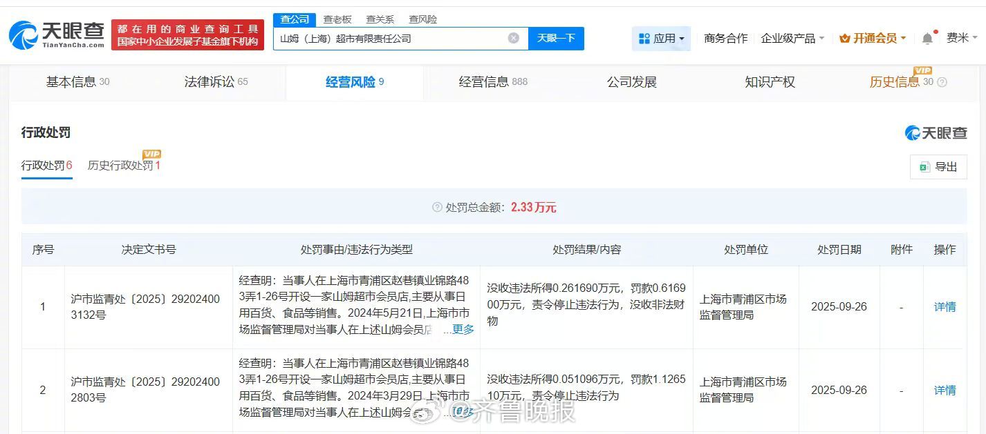 【#山姆近期因销售不合格产品两度被罚#】10月14日，有上海网友在视频中表示，自