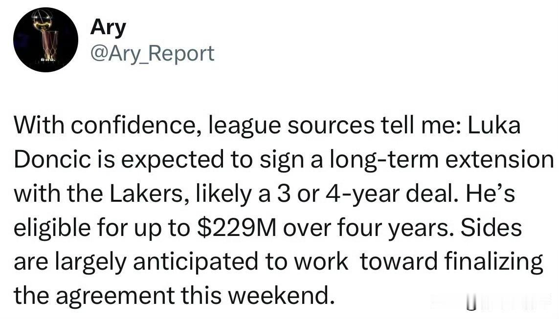 根据记者Ary最新消息透露：我从消息源得知，东契奇将和湖人签下一份长达3年或者4